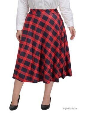 Plus Size Midi Skirt High Elastic Waist A-Line Flared Skater with Pockets